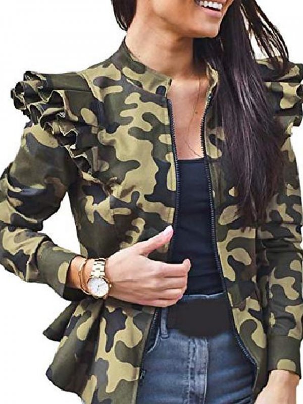 Women's Casual Stand Collar Jacket Uflage Long Sleeve Lightweight Army Zipper Coat Plus