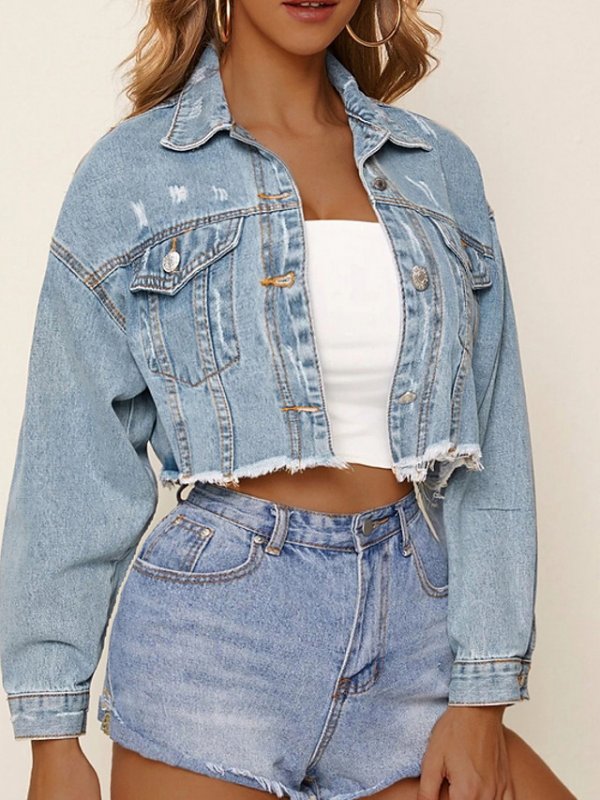 Women's Denim Jacket Short Solid Colored Daily Denim Blue Light Blue