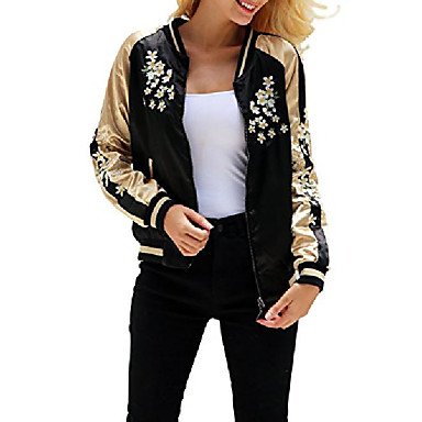 Women's Casual Floral Embroidery Reversible Satin Bomber Jacket Black